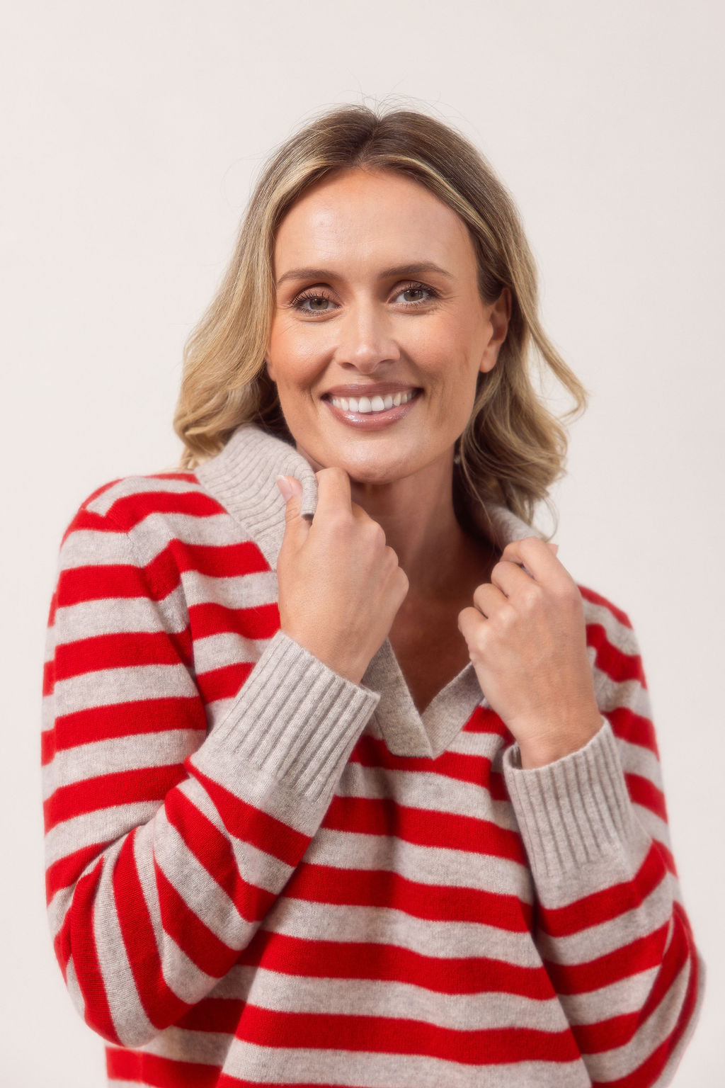 See Saw Rib Collared Stripe Sweater - Wheat/Red