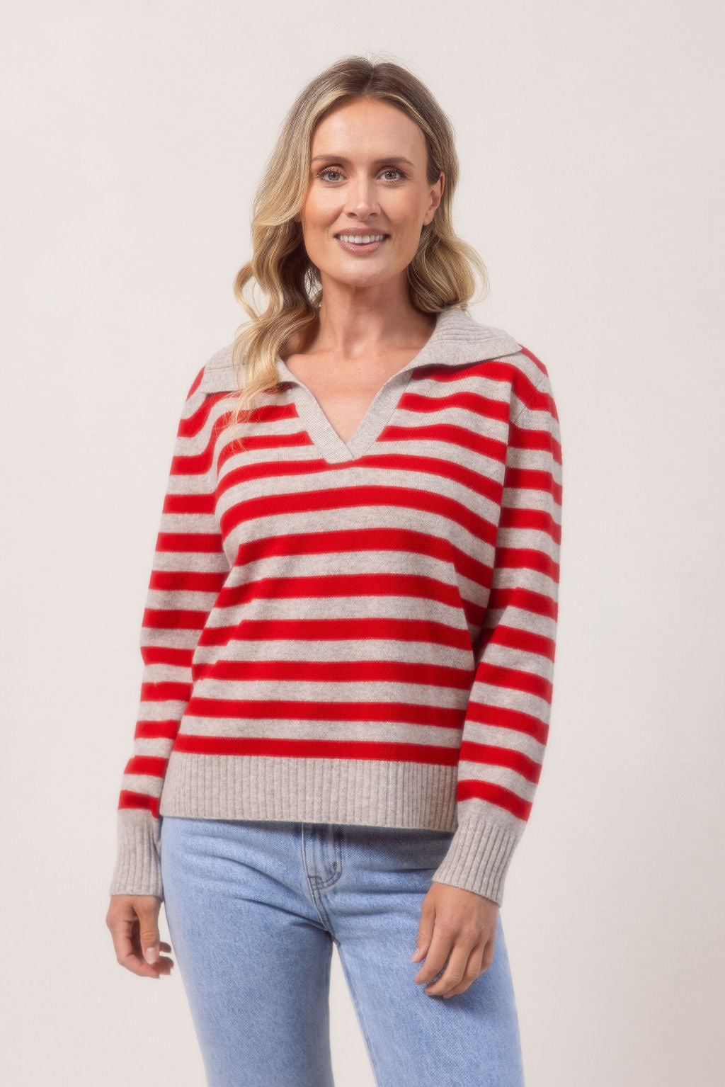 See Saw Rib Collared Stripe Sweater - Wheat/Red