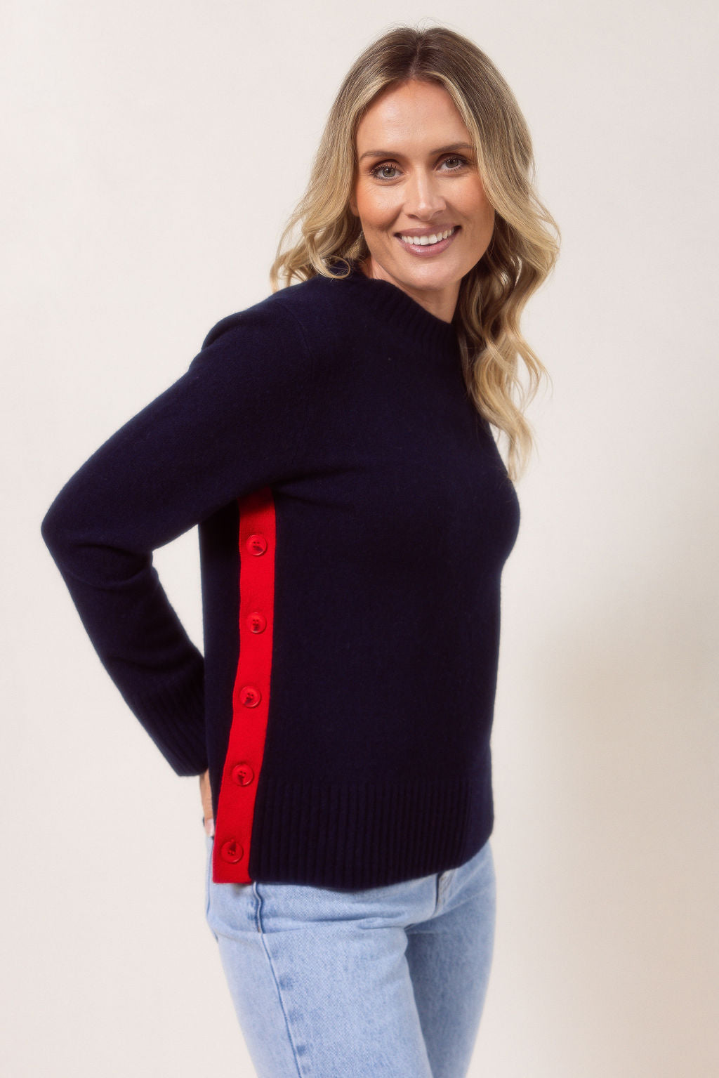 See Saw Contrast Side Button Sweater - Navy/Red Trim