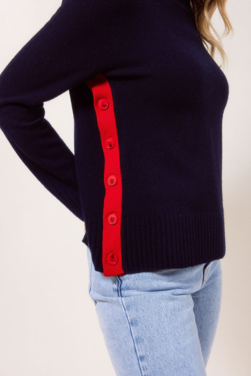 See Saw Contrast Side Button Sweater - Navy/Red Trim