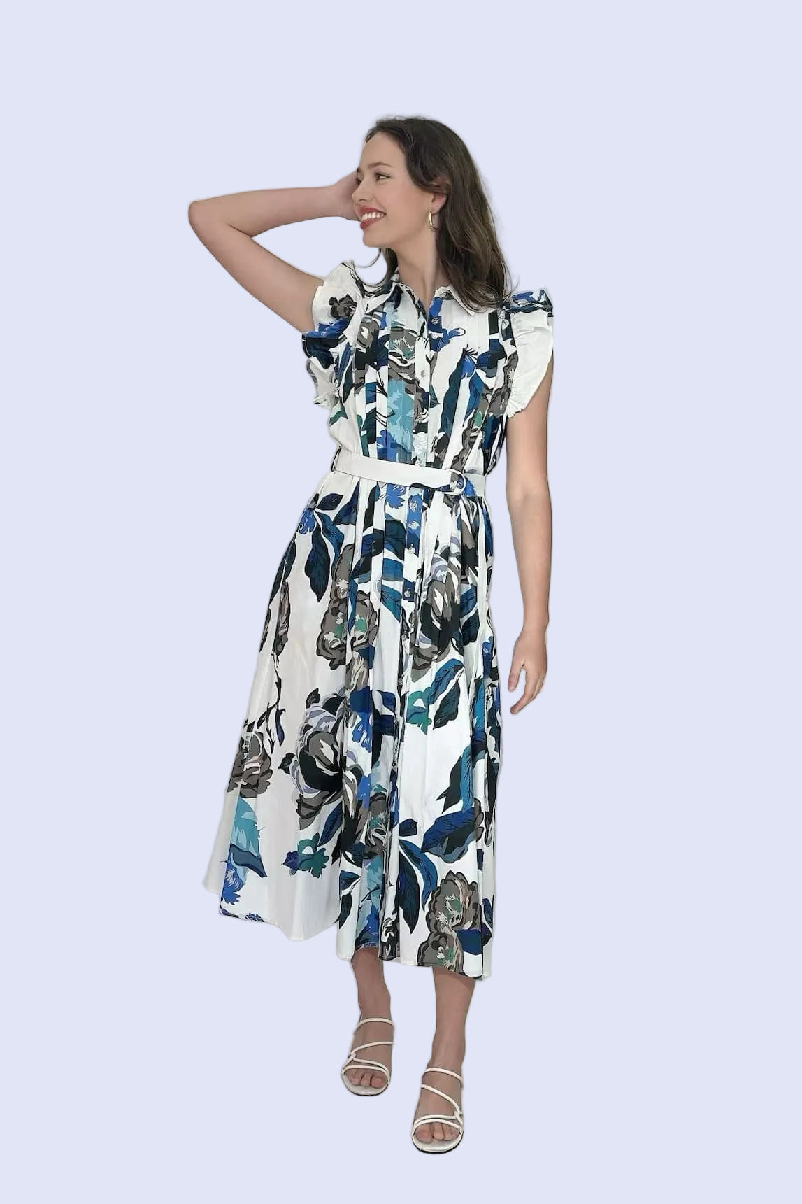 Lorraine Blue Garden Belted Midi Dress
