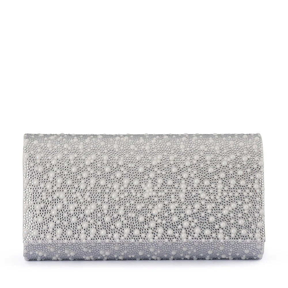 Olga Berg DANNA Crystal and Pearl Clutch - Pearl Silver