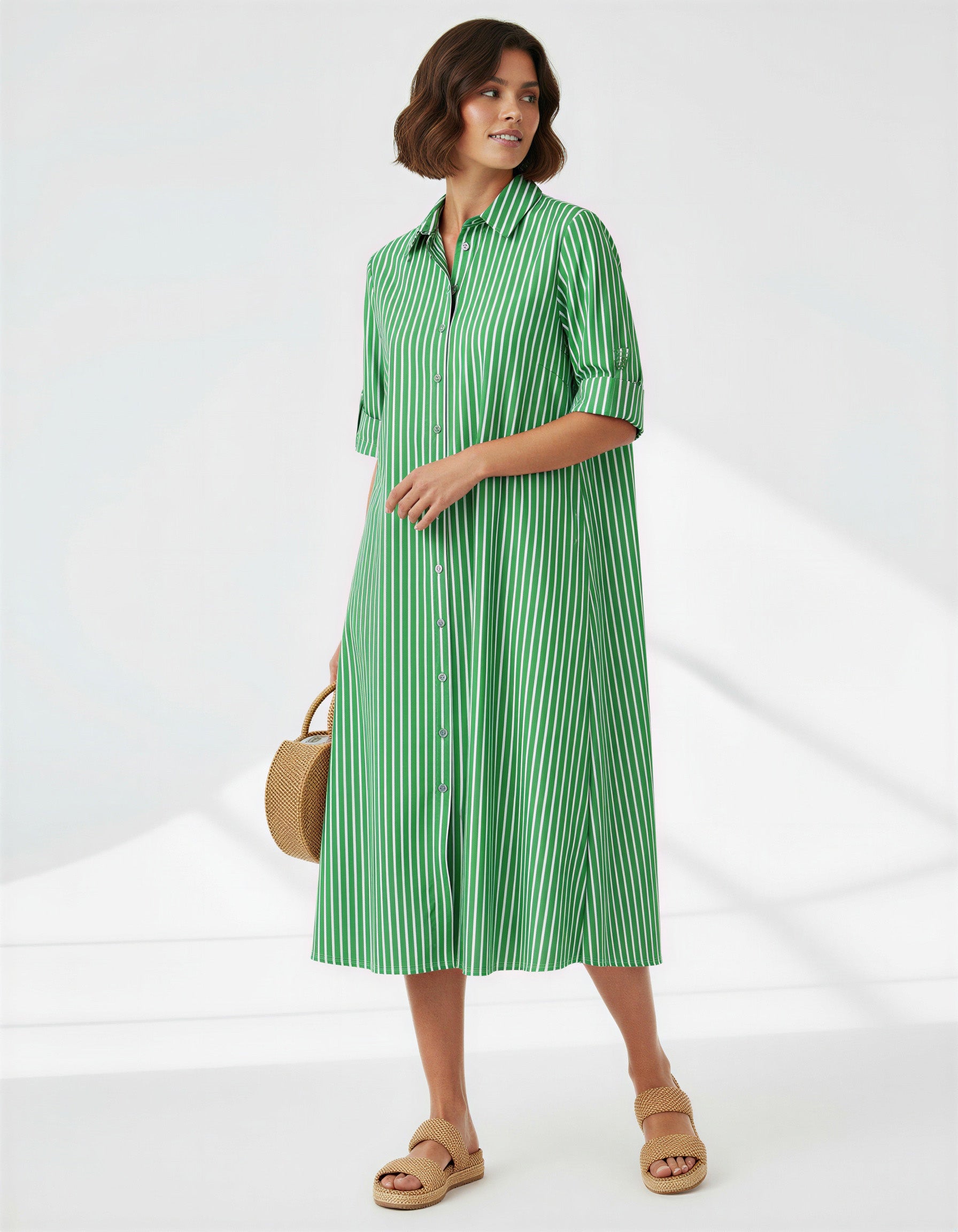 Liberty Rose Cotton Pocket Shirt Dress – Green/White