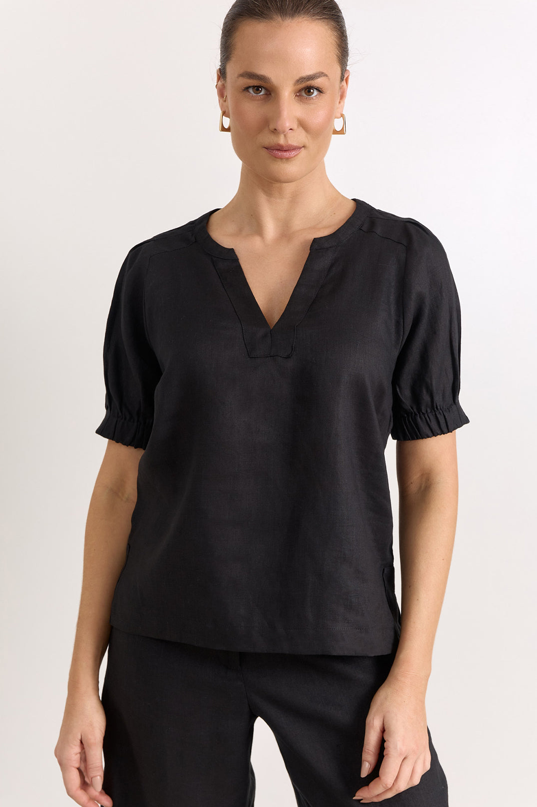 Adorne Harrie Pleated Linen Top - Black