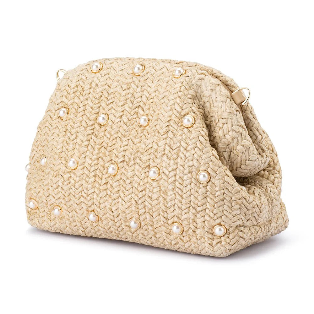 Olga Berg Kaia Studded Woven Clutch - Natural