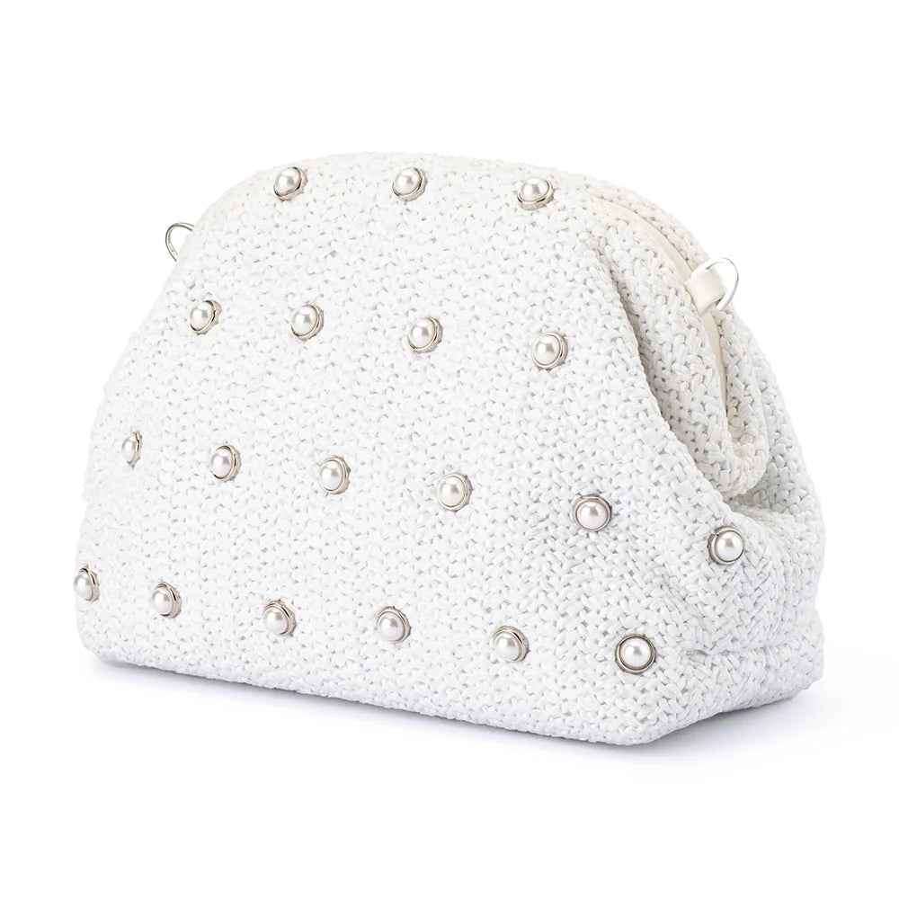 Olga Berg Kaia Studded Woven Clutch - White