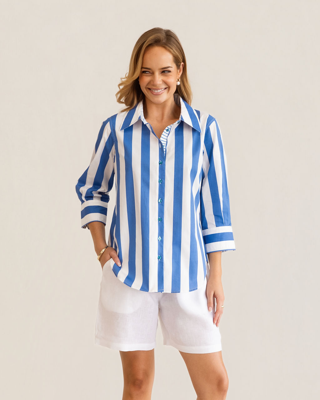 Kaleido 3/4 Sleeve Classic Shirt - Blue Block Stripe