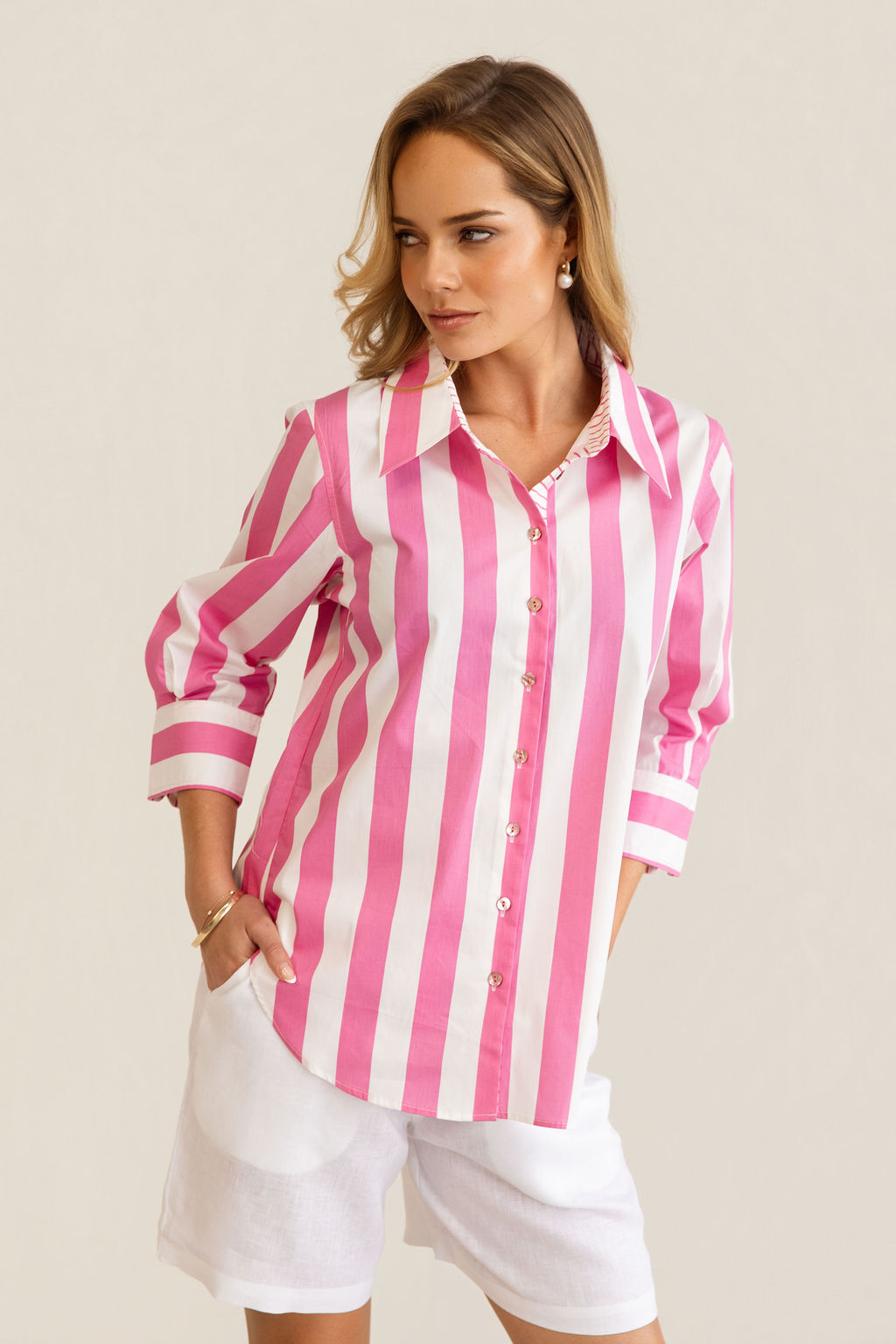 Kaleido 3/4 Sleeve Classic Shirt - Pink Block Stripe