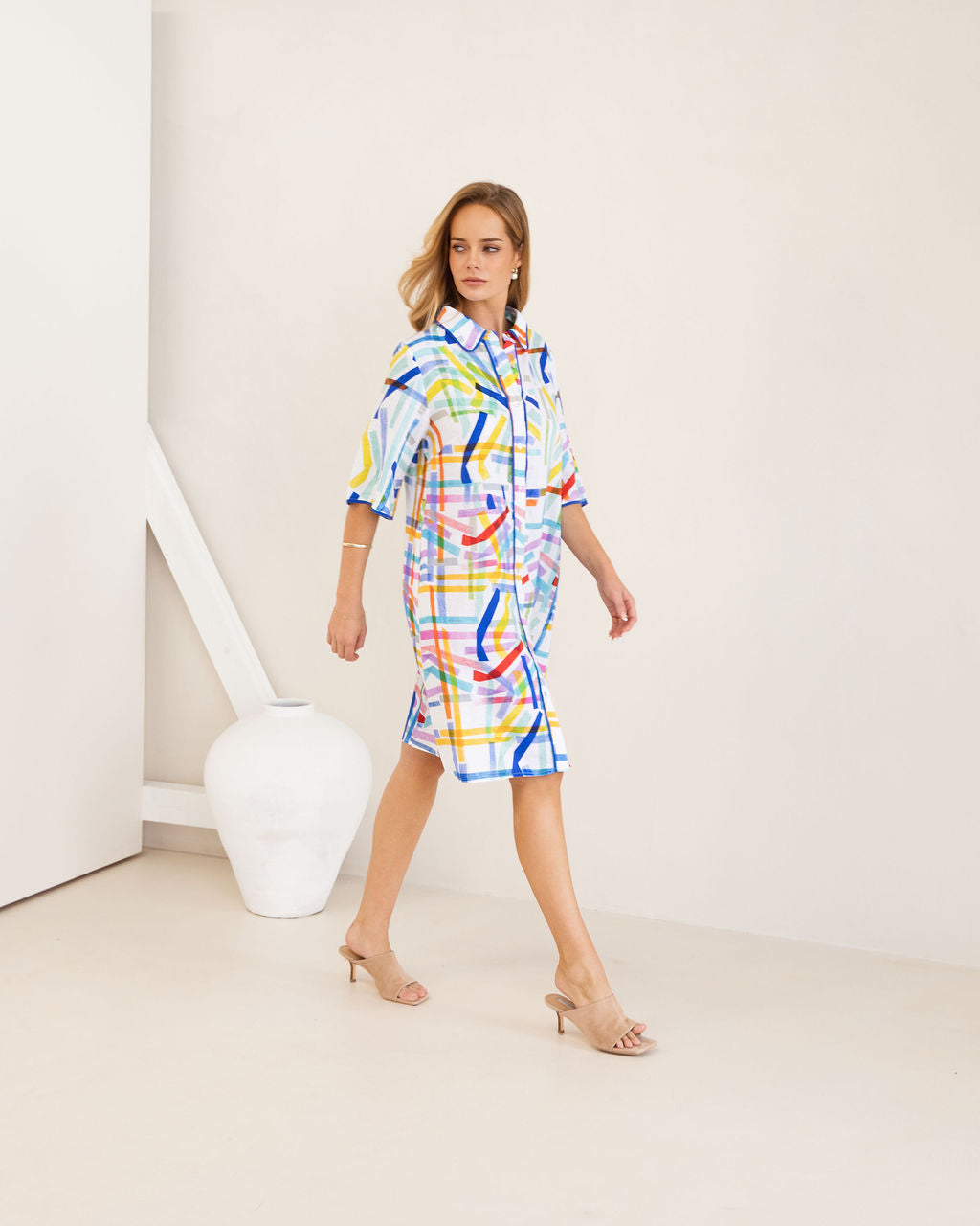 Kaleido Shirtmaker Dress With Trim - Confetti Stripe