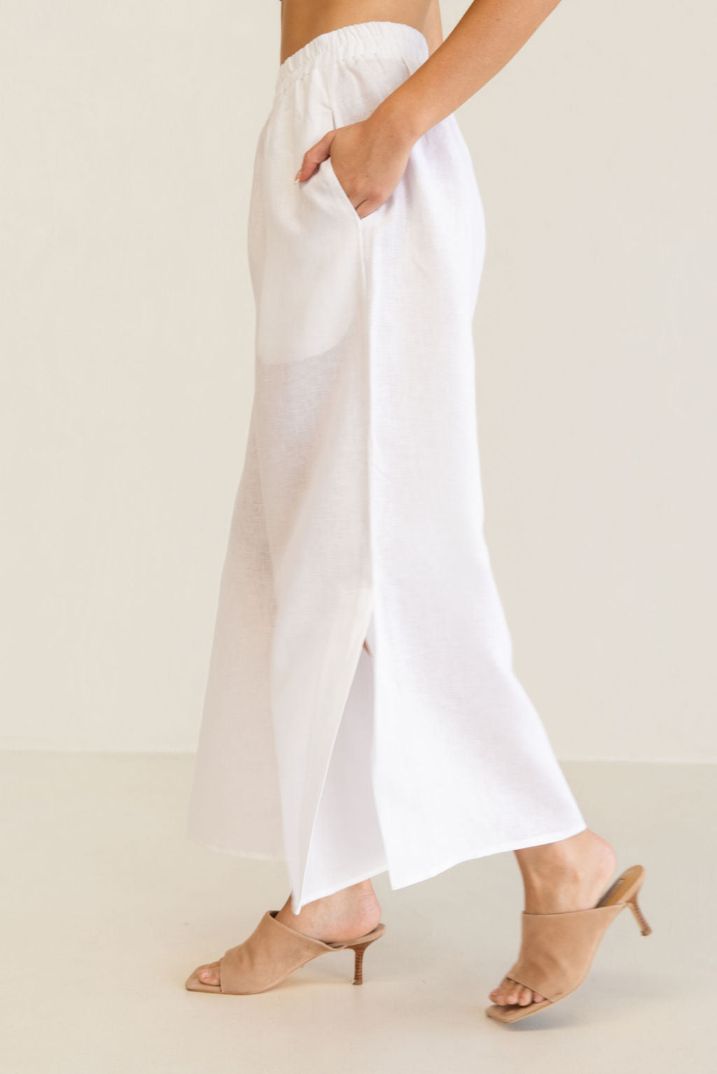 Kaleido Elastic Waist Split Leg Pant - White