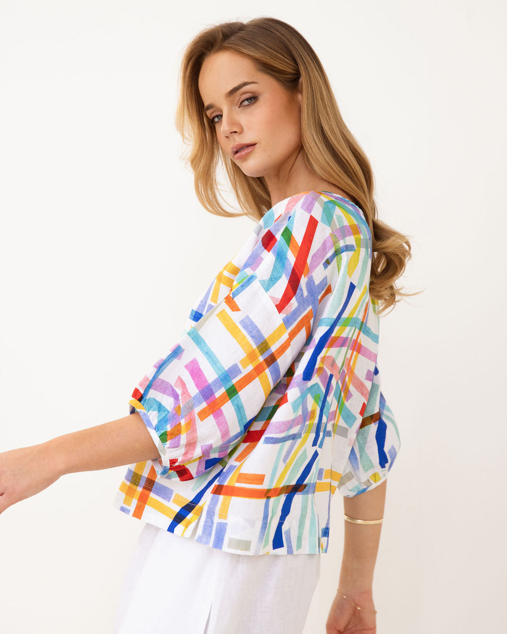 Kaleido Balloon Sleeve Top - Confetti Stripe