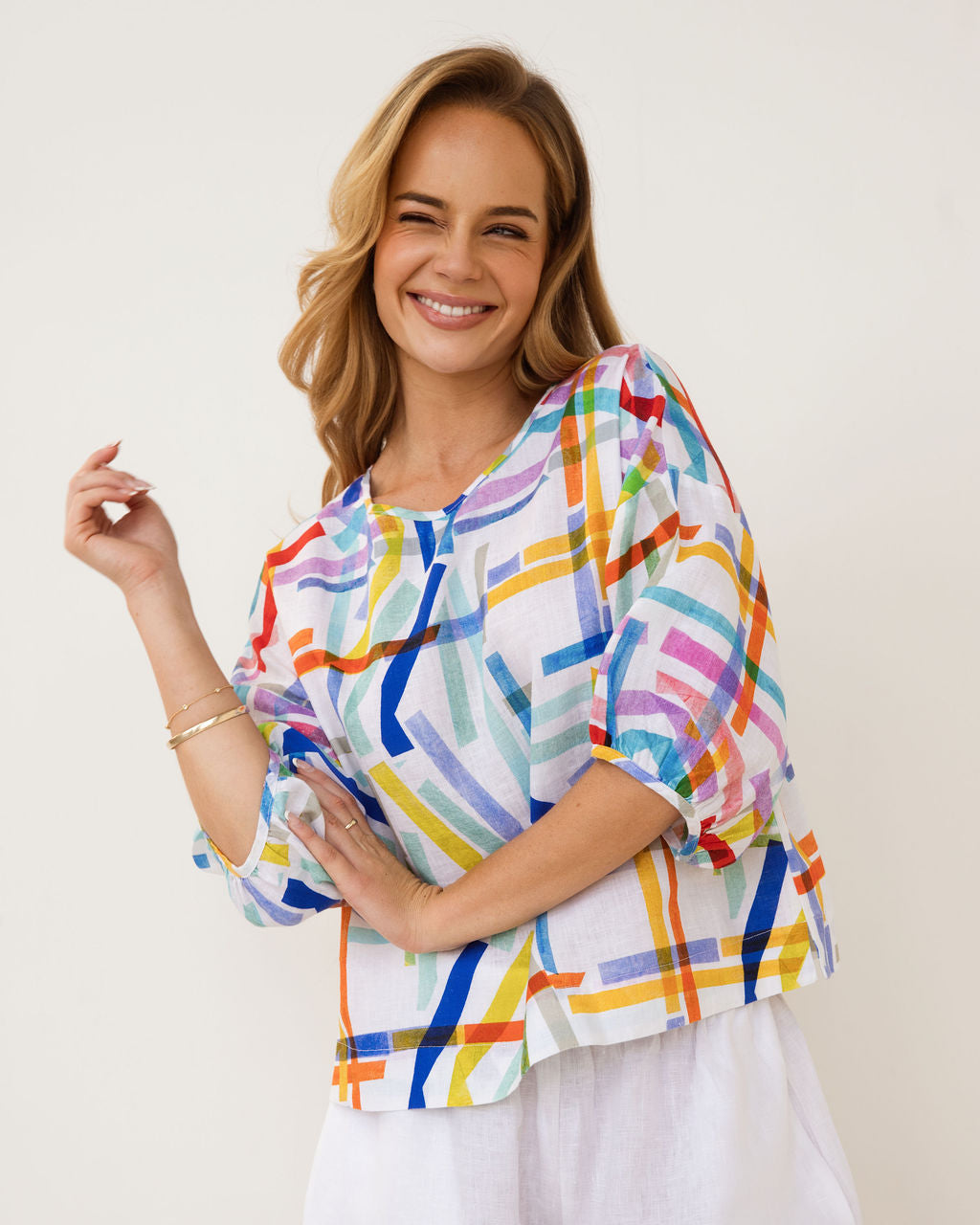 Kaleido Balloon Sleeve Top - Confetti Stripe