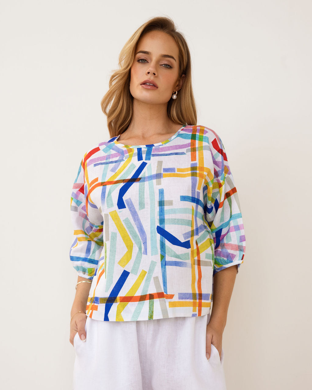 Kaleido Balloon Sleeve Top - Confetti Stripe