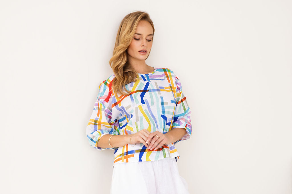 Kaleido Balloon Sleeve Top - Confetti Stripe