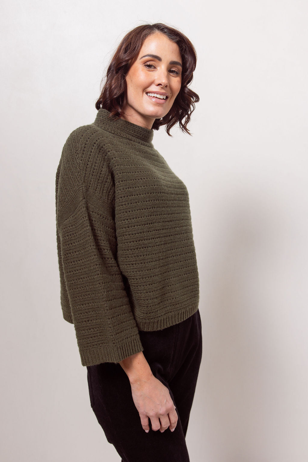 See Saw 7/8 Sleeve Pointelle Knit Top - Khaki