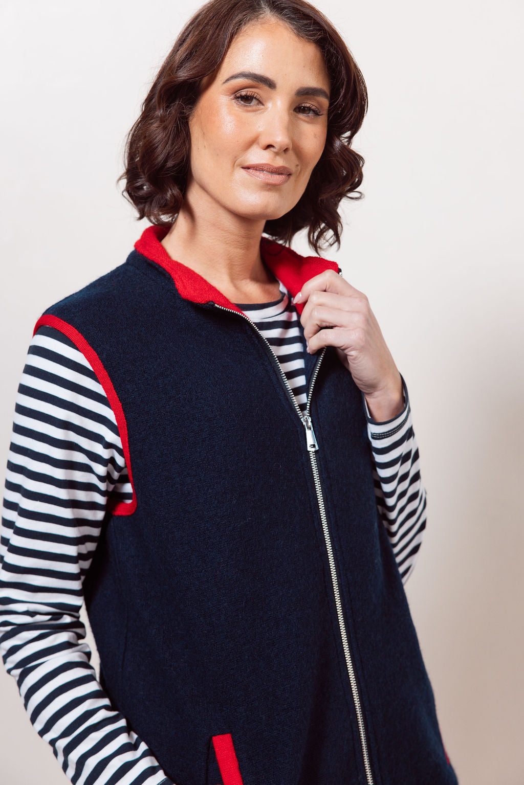See Saw Long Line Colour Trim Zip Vest - Navy/Red