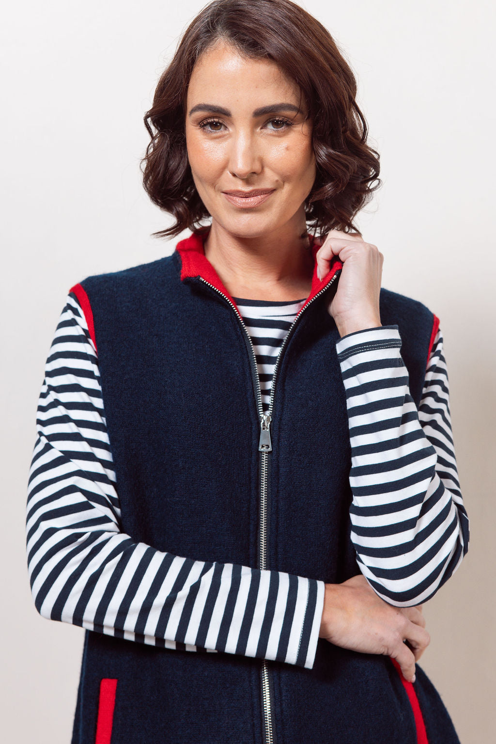 See Saw Long Line Colour Trim Zip Vest - Navy/Red