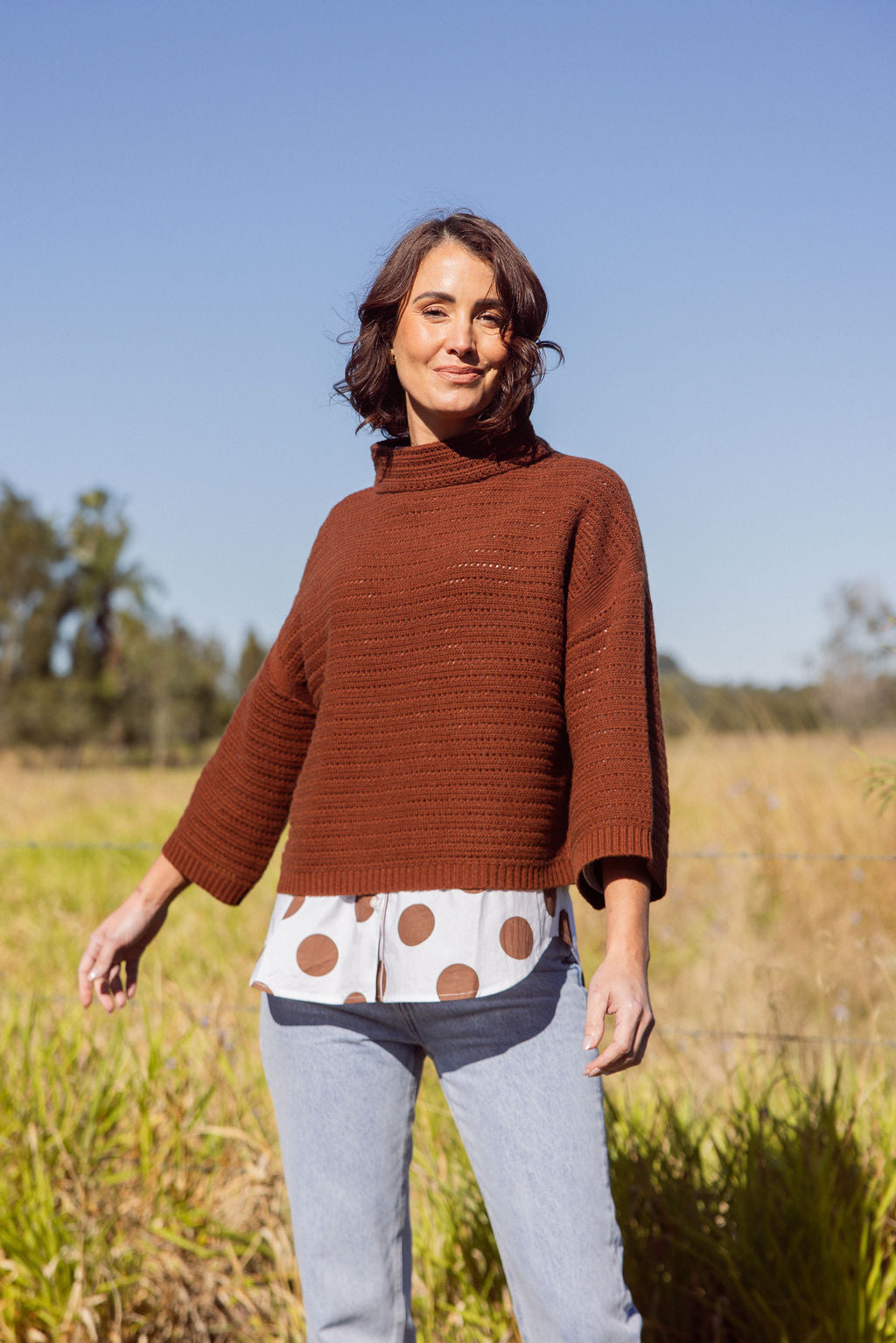 See Saw 7/8 Sleeve Pointelle Knit Top - Copper