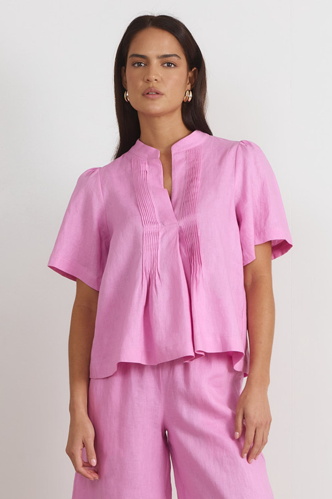 Adorne Percy Pleated Linen Top - Pink