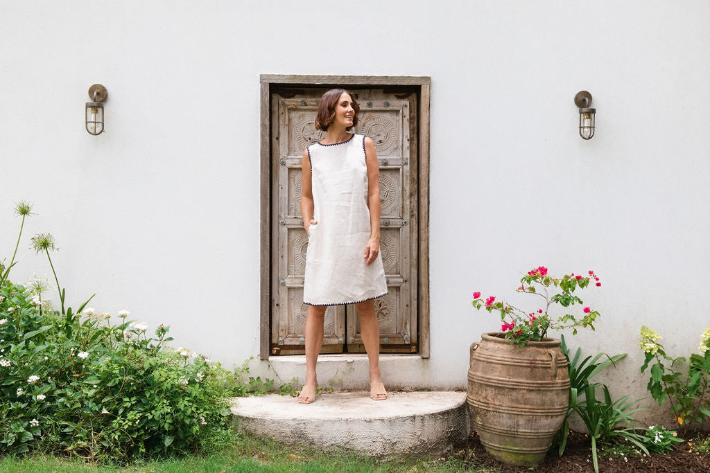 See Saw Sleeveless Shift Dress - Flax/Navy Embroidery