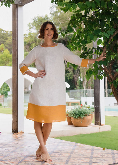 See Saw Spliced 3/4 Sleeve Dress - Natural/Marigold Trim