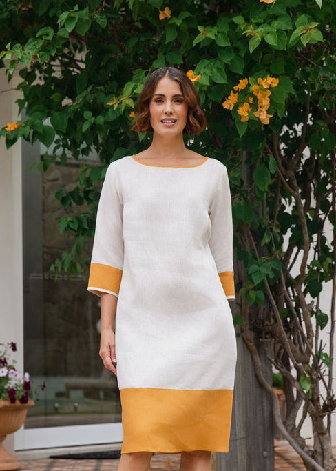 See Saw Spliced 3/4 Sleeve Dress - Natural/Marigold Trim
