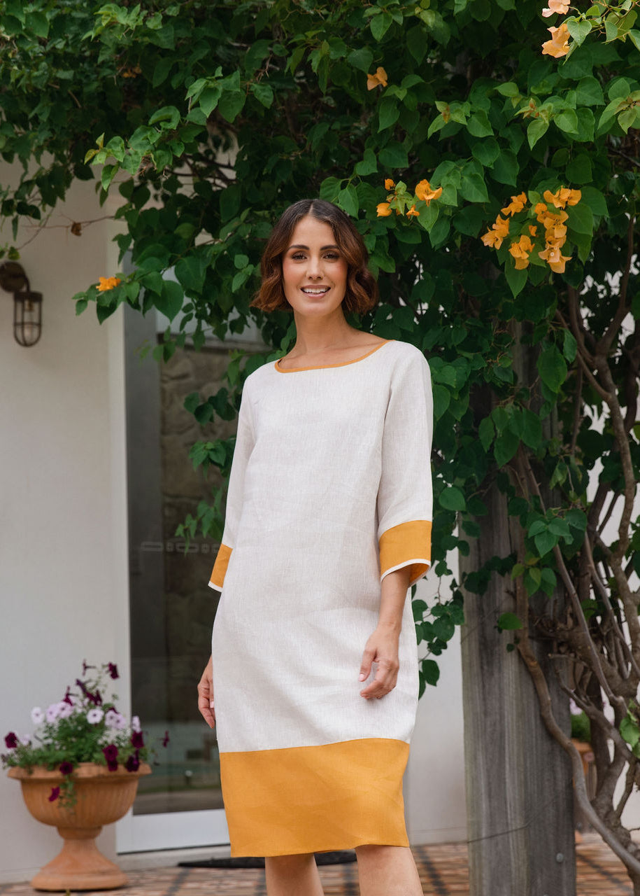 See Saw Spliced 3/4 Sleeve Dress - Natural/Marigold Trim