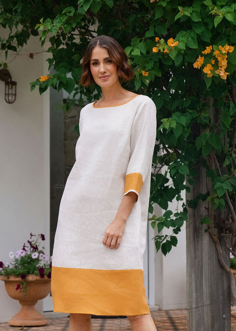 See Saw Spliced 3/4 Sleeve Dress - Natural/Marigold Trim
