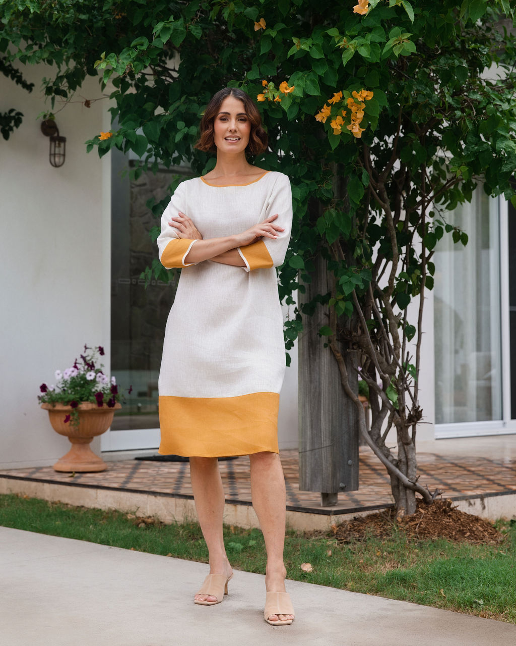 See Saw Spliced 3/4 Sleeve Dress - Natural/Marigold Trim