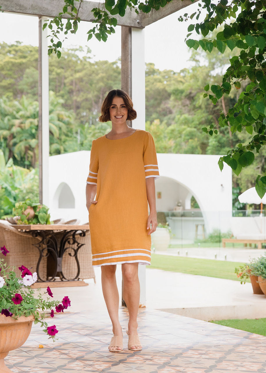 See Saw Short Sleeve Spliced Dress - Marigold/White