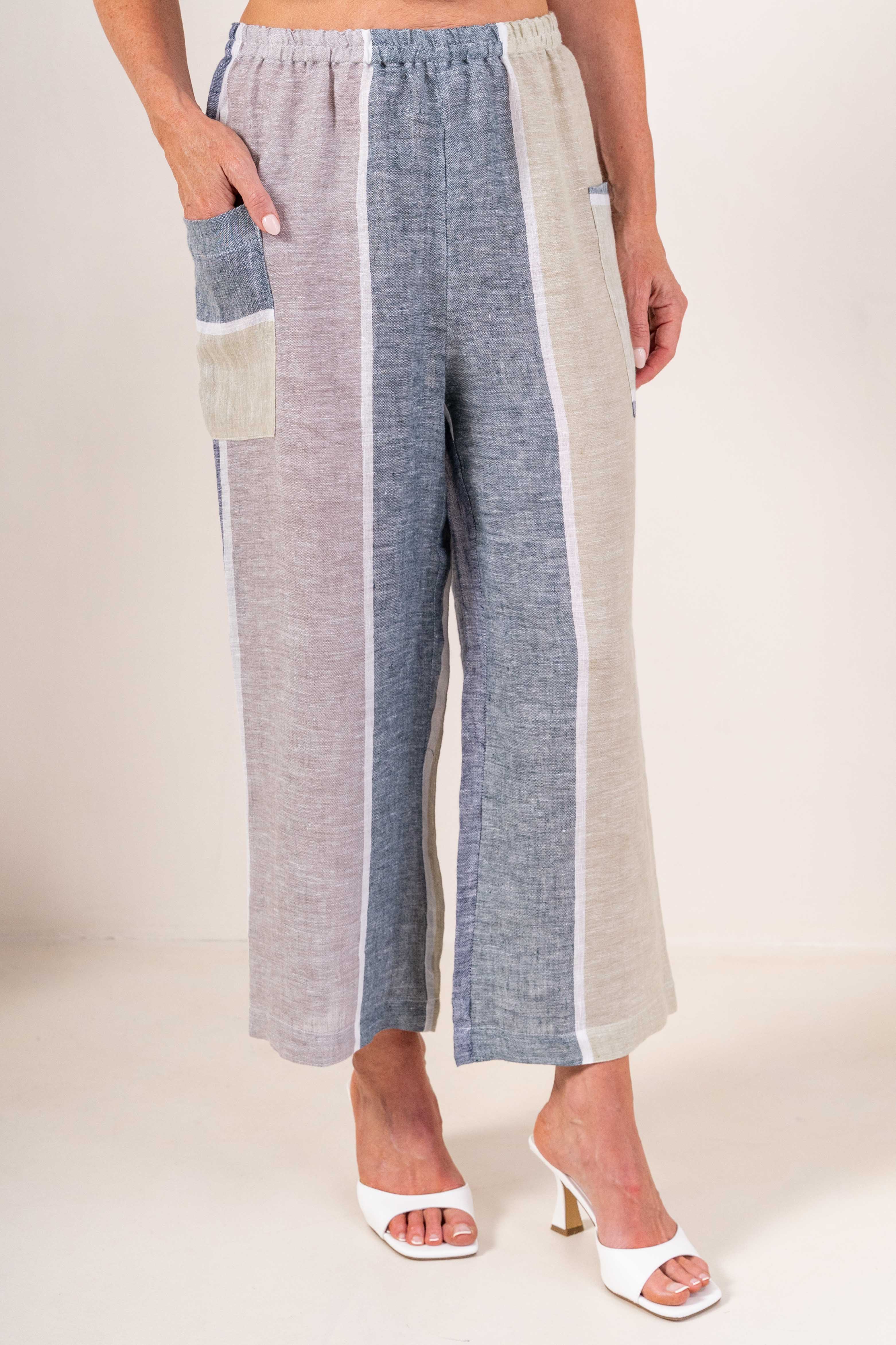 See Saw Elastic Waist 2 Packet Pant - Sage/Sea Stripe