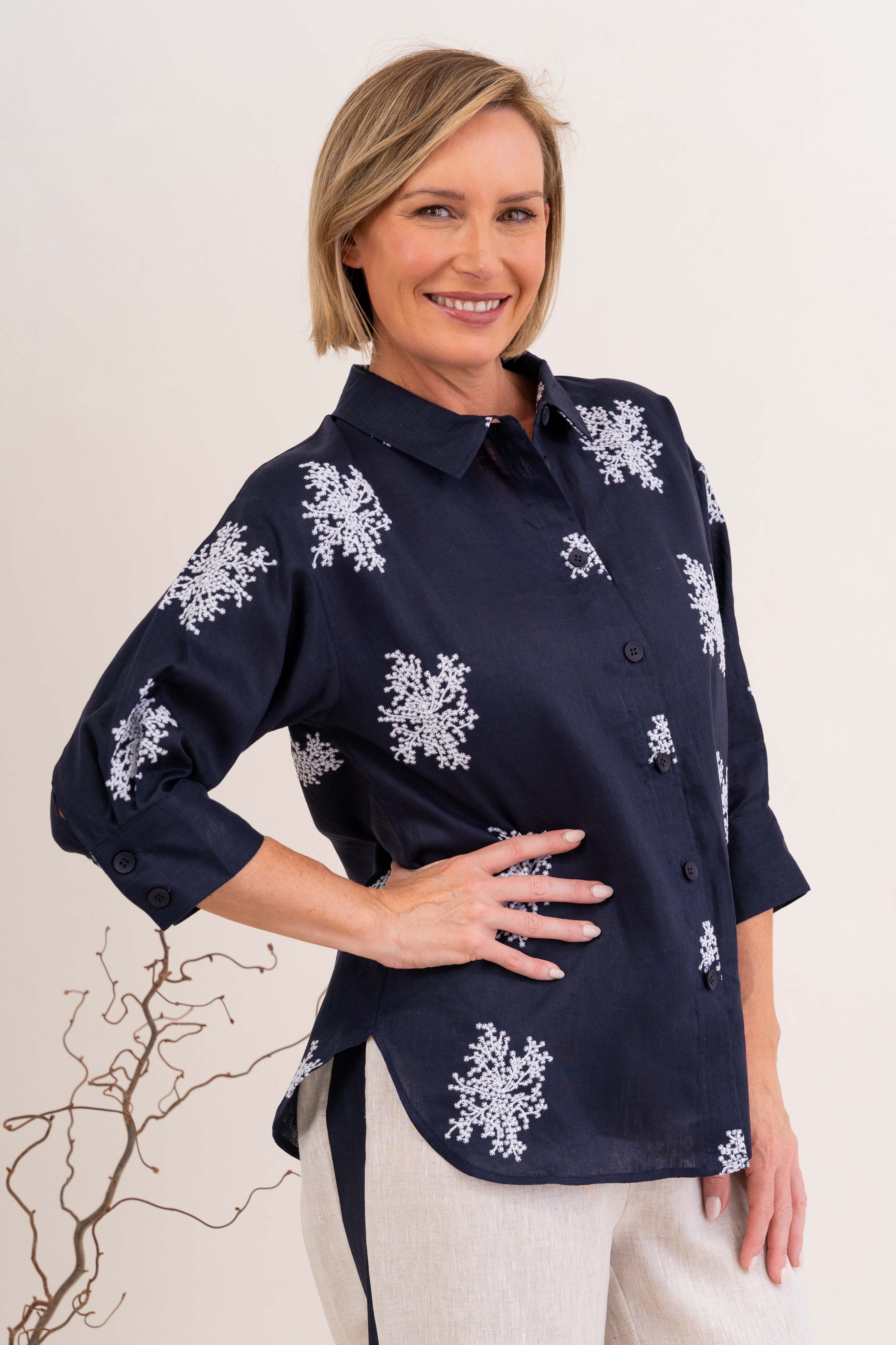 See Saw 3/4 Sleeve Shirt - Navy/White Blossom