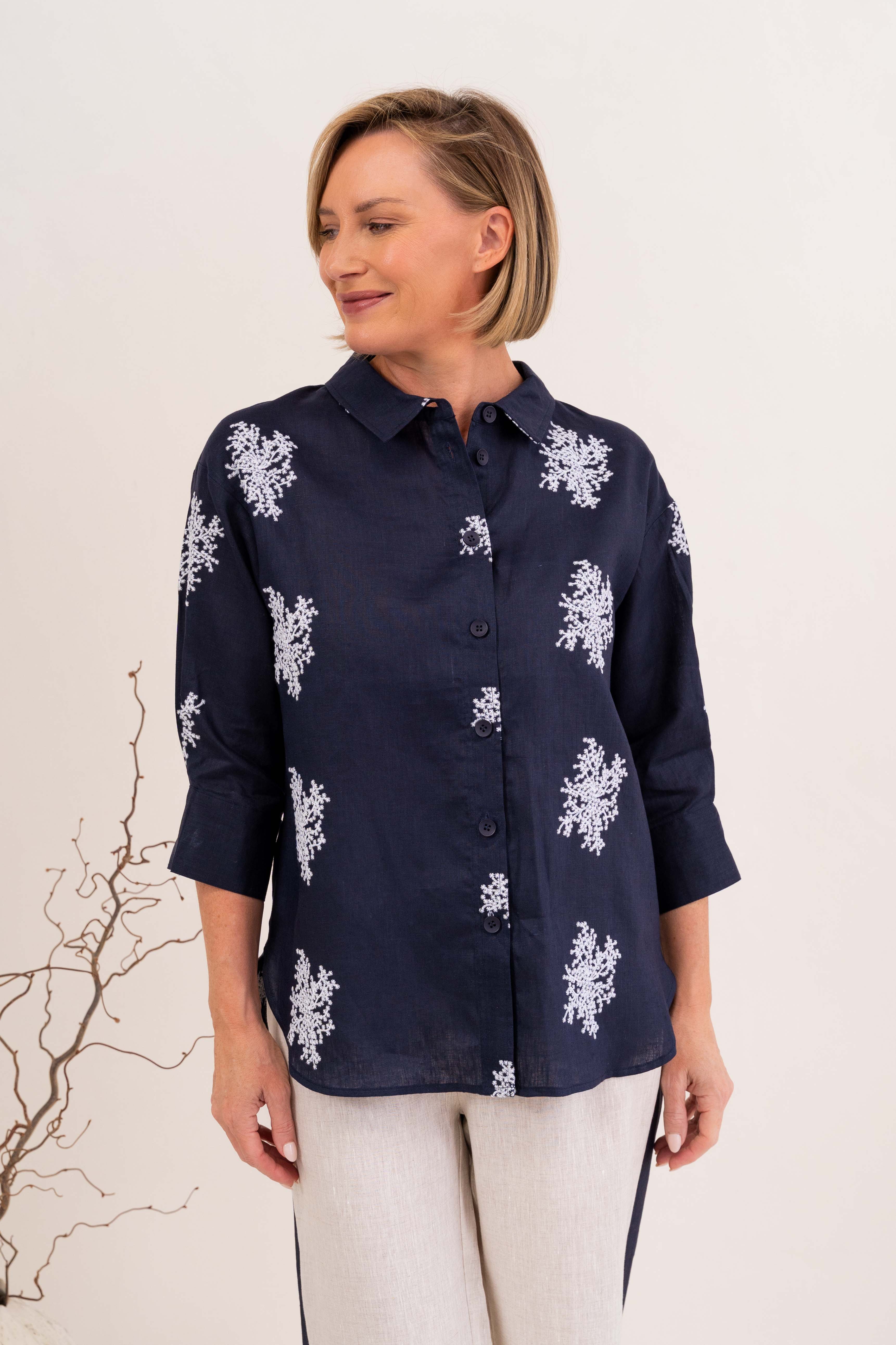 See Saw 3/4 Sleeve Shirt - Navy/White Blossom