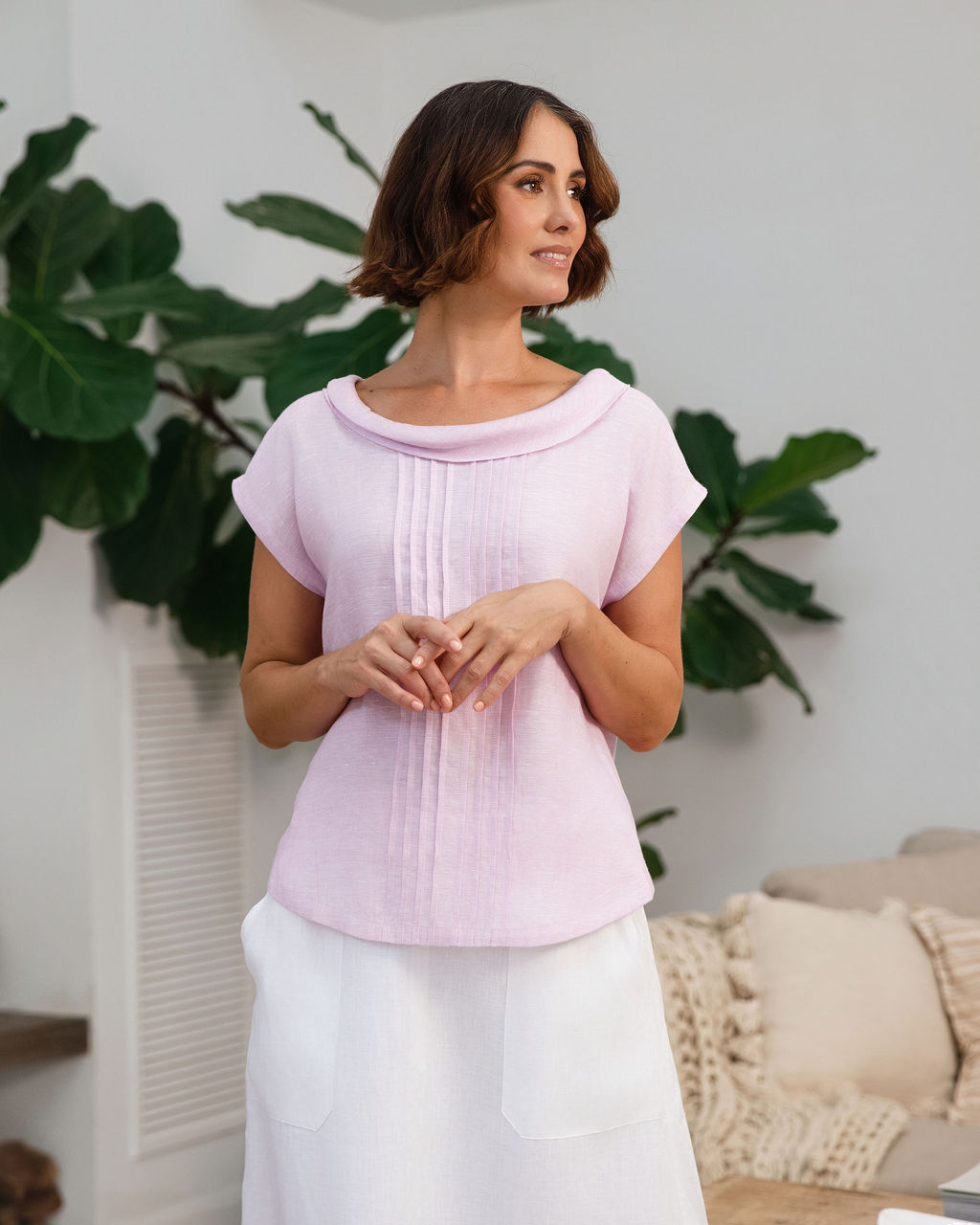 See Saw Pleat Front Cowl Neck Top - Pink