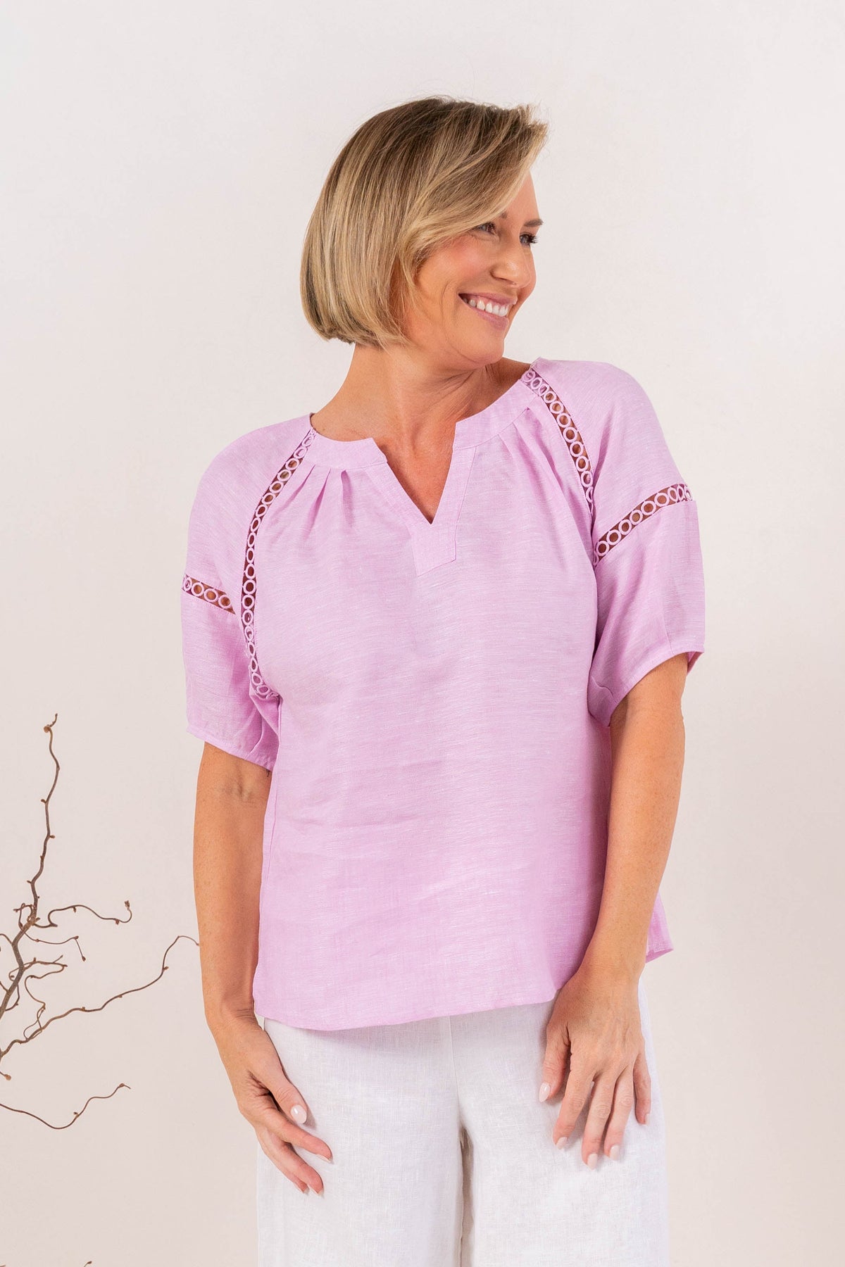 See Saw Short Sleeve Lace Trim Top - Pink
