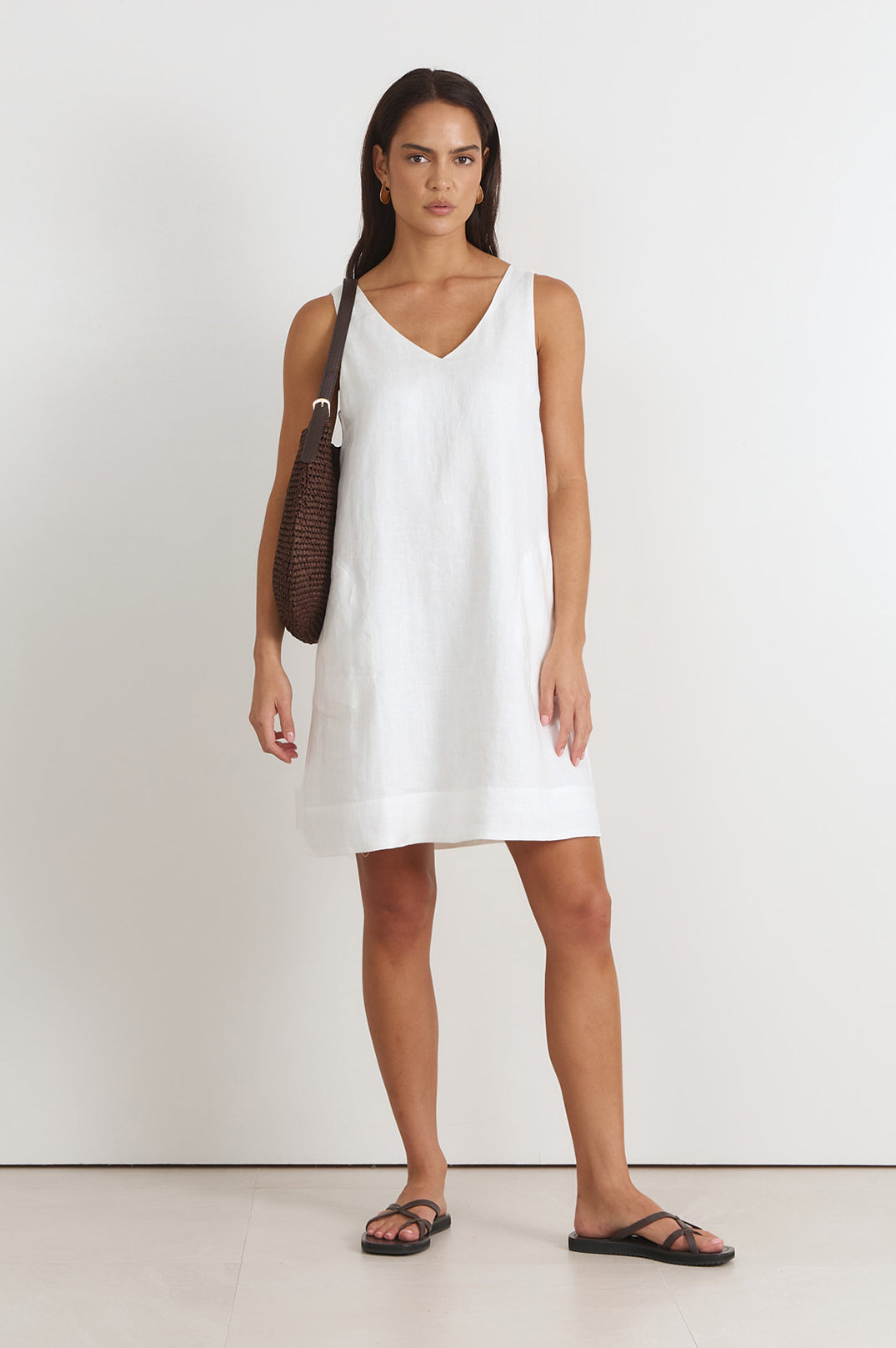 Adorne Simone V Neck Linen Short Dress - White