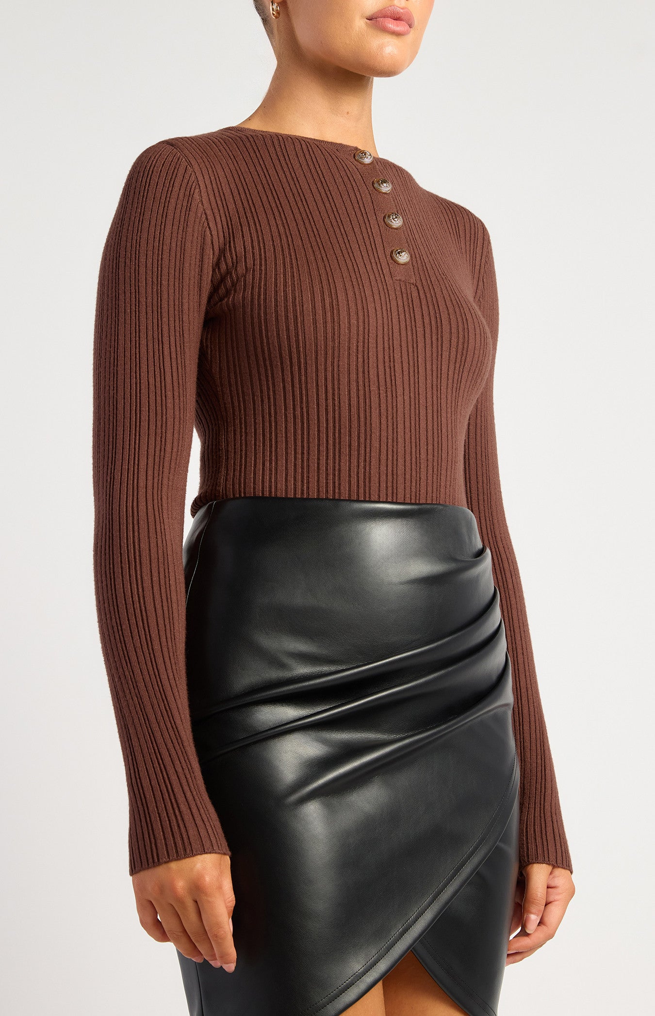 Style State Embossed Gold Button Textured Rib Knit Bodysuit - Chocolate