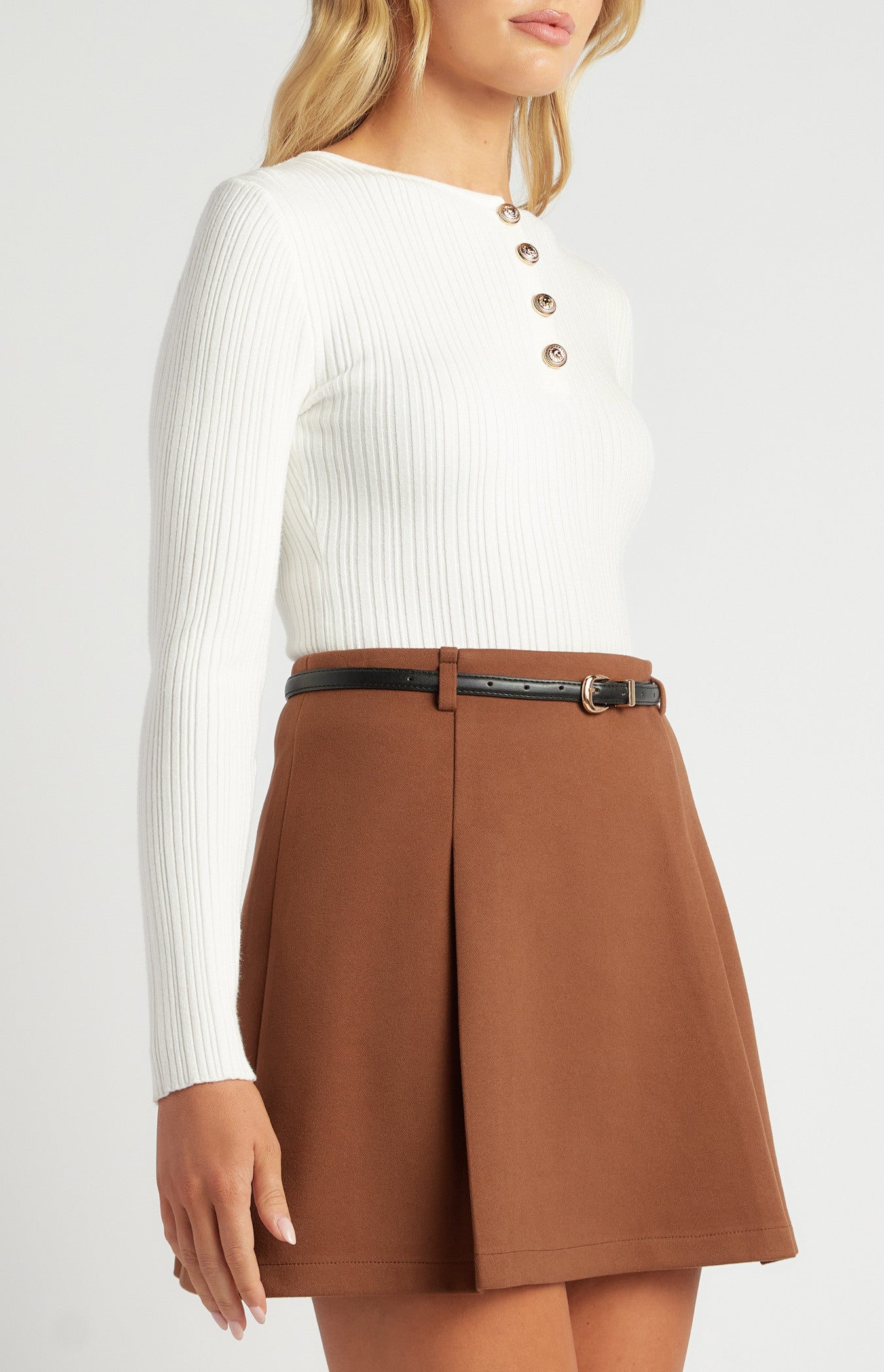 Style State Embossed Gold Button Textured Rib Knit Bodysuit - White