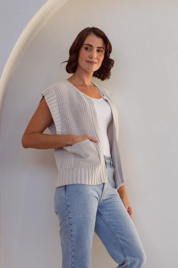 See Saw Woven Trim Knit Vest - Stone