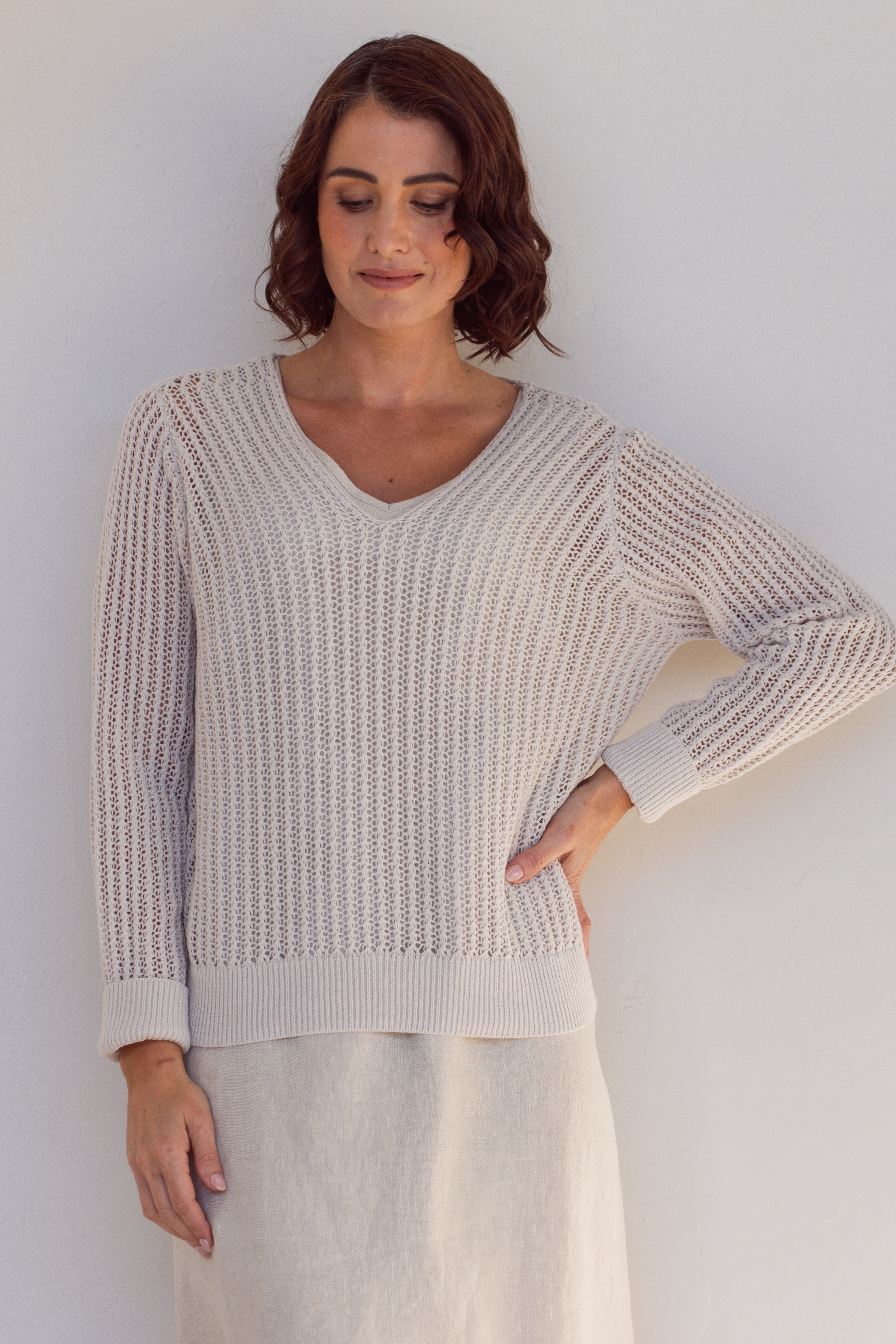See Saw Open Stitch V-Neck Sweater - Stone