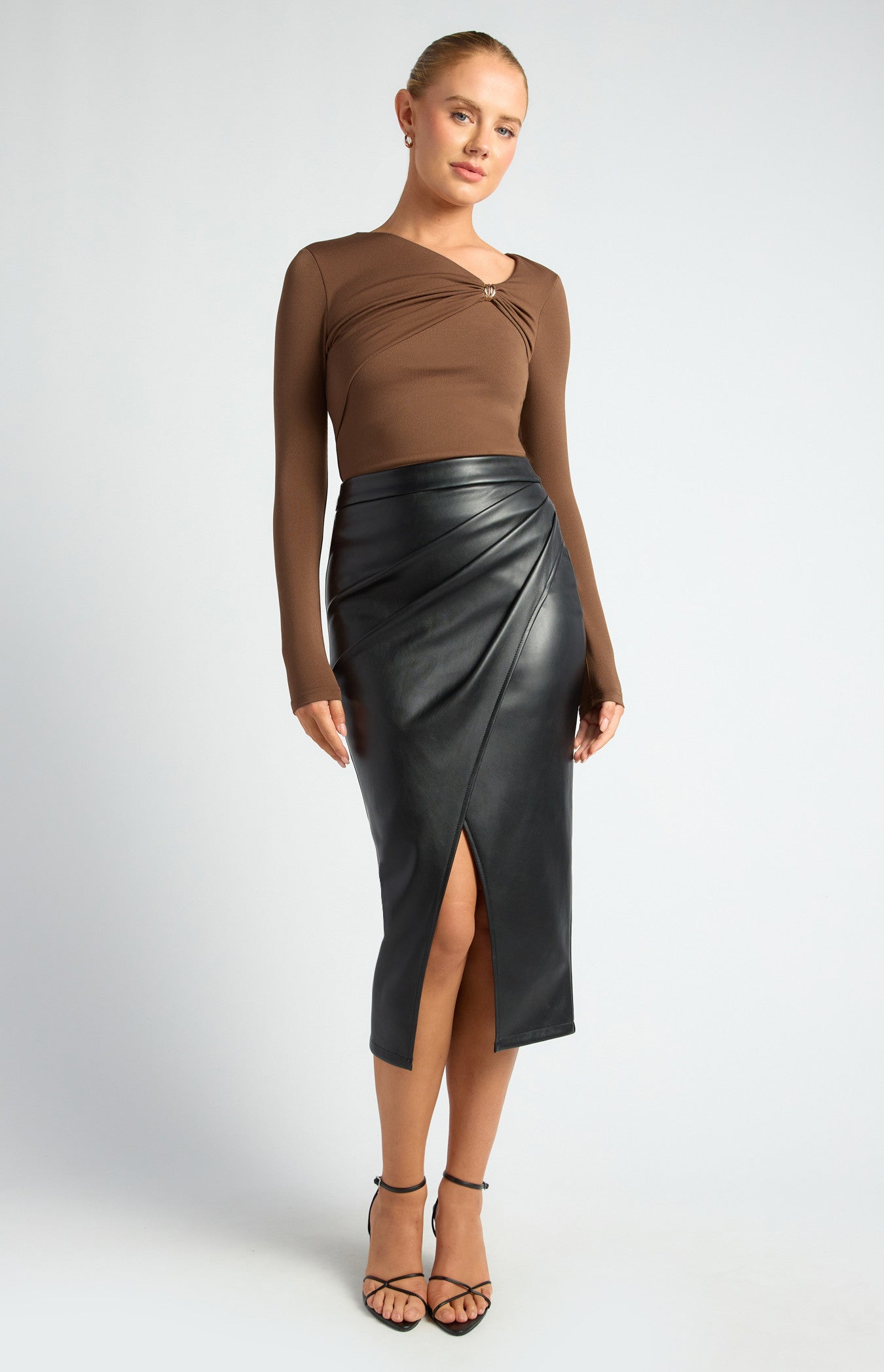 Style State Gold Embellishment Gathered Front Detail Jersey Top - Ash Brown