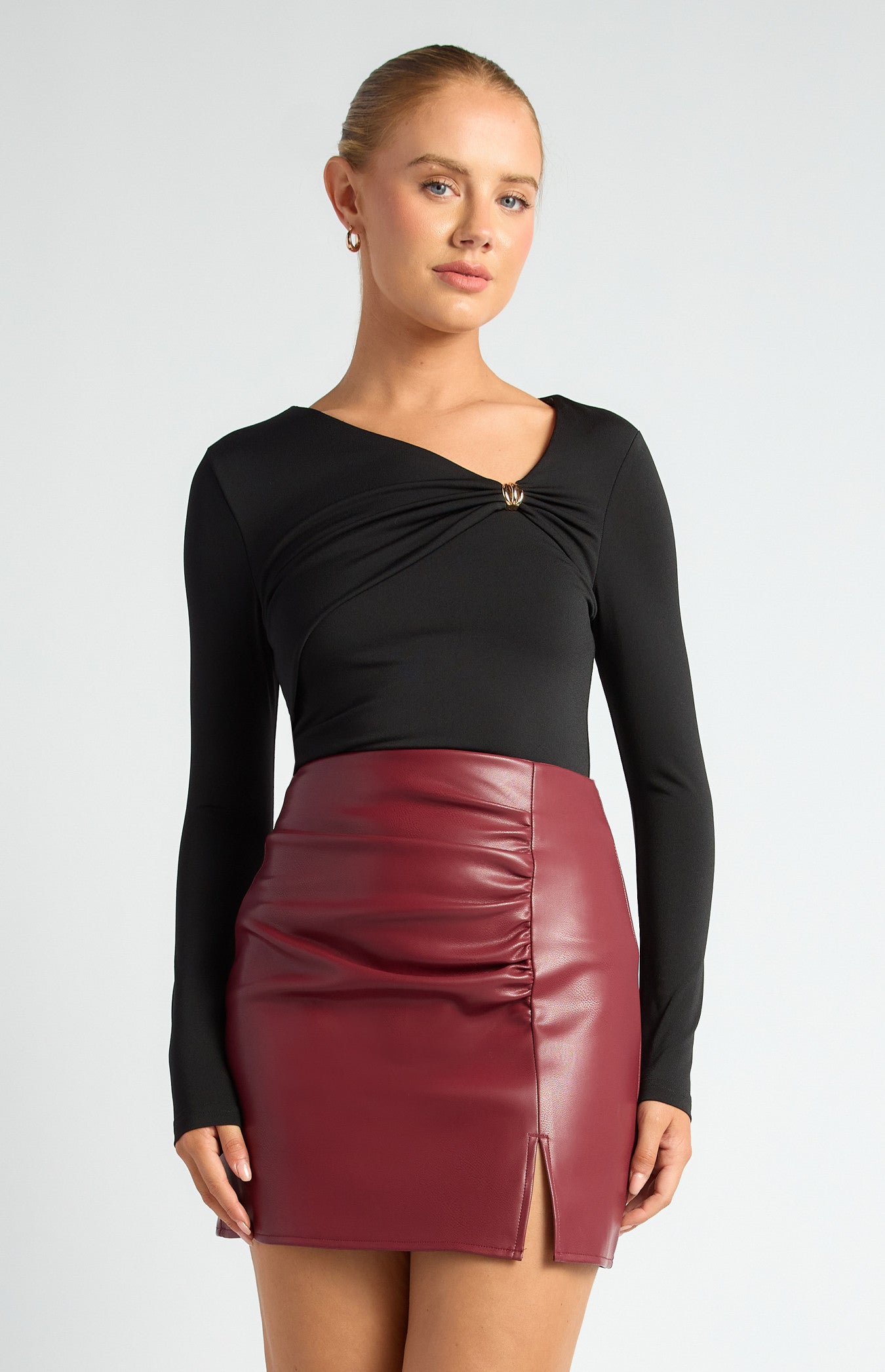 Style State Gold Embellishment Gathered Front Detail Jersey Top - Black