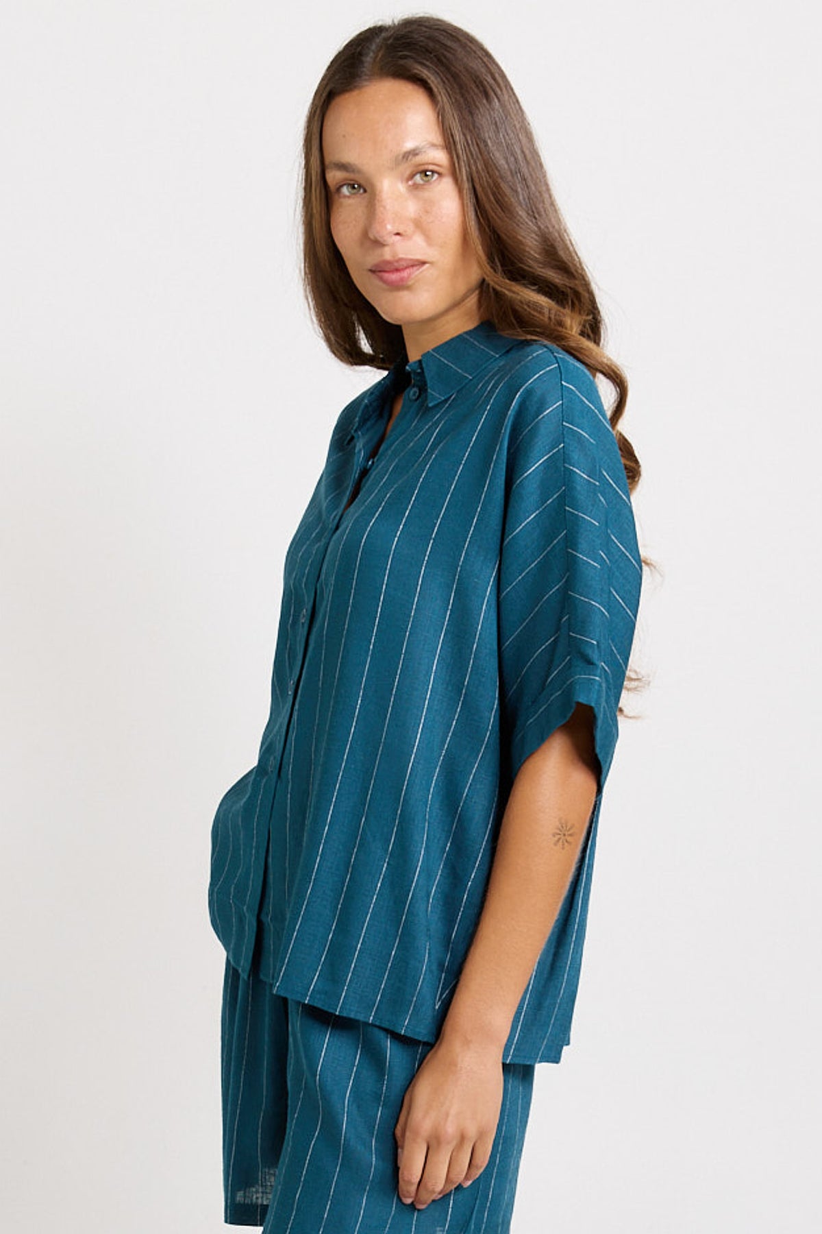 Betty Basics Ophelia Shirt - Teal/White Stripe