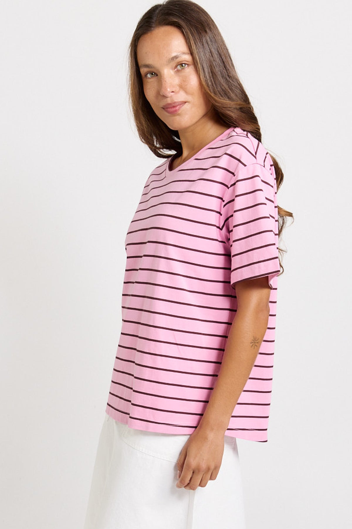 Betty Basics Relax Boxy Tee - Pink/Chocolate Stripe