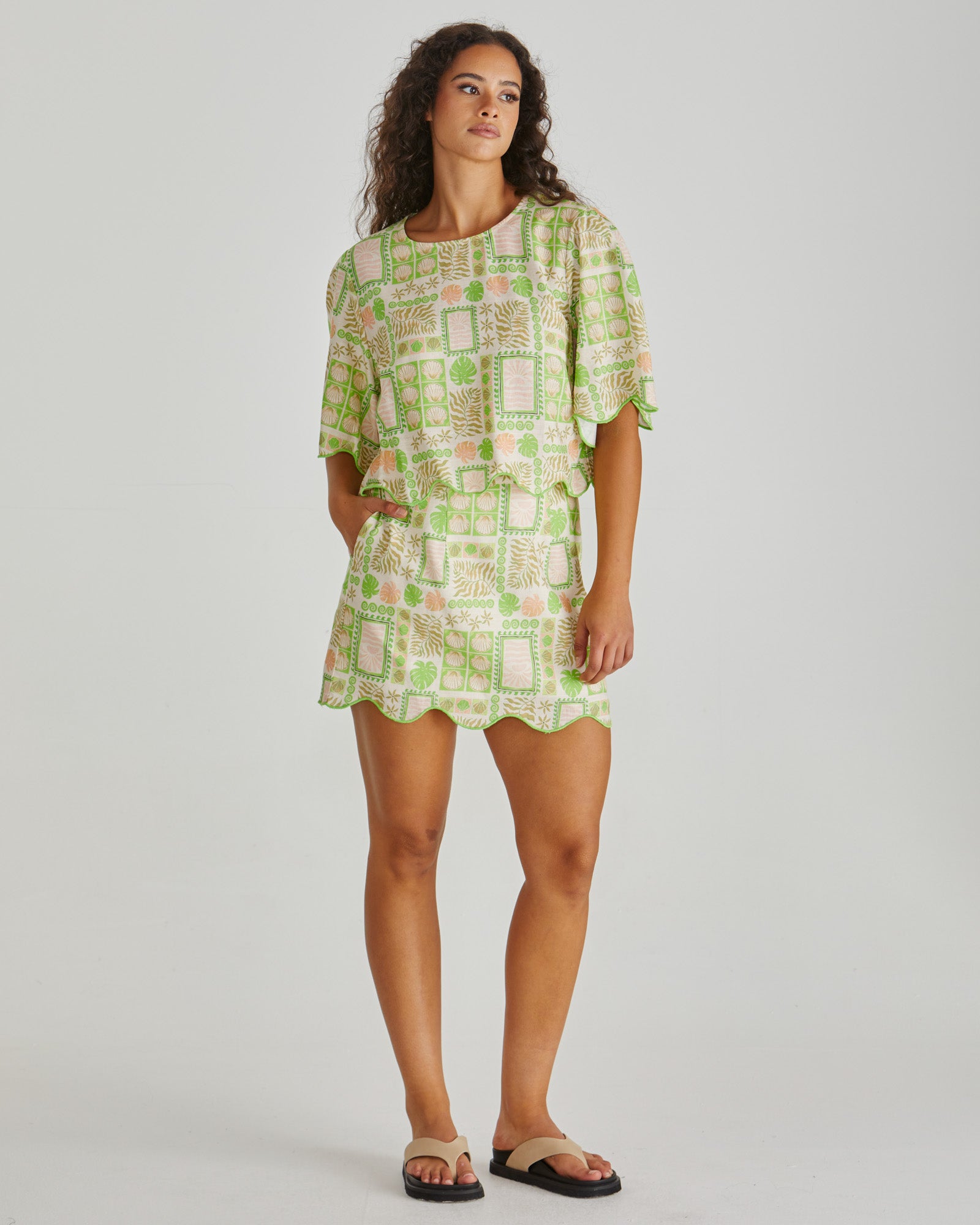 Sass Emmett Shell Scallop Top - Green Shell Patchwork