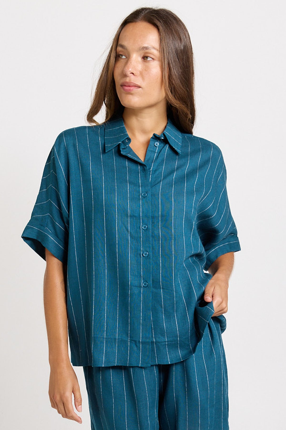 Betty Basics Ophelia Shirt - Teal/White Stripe