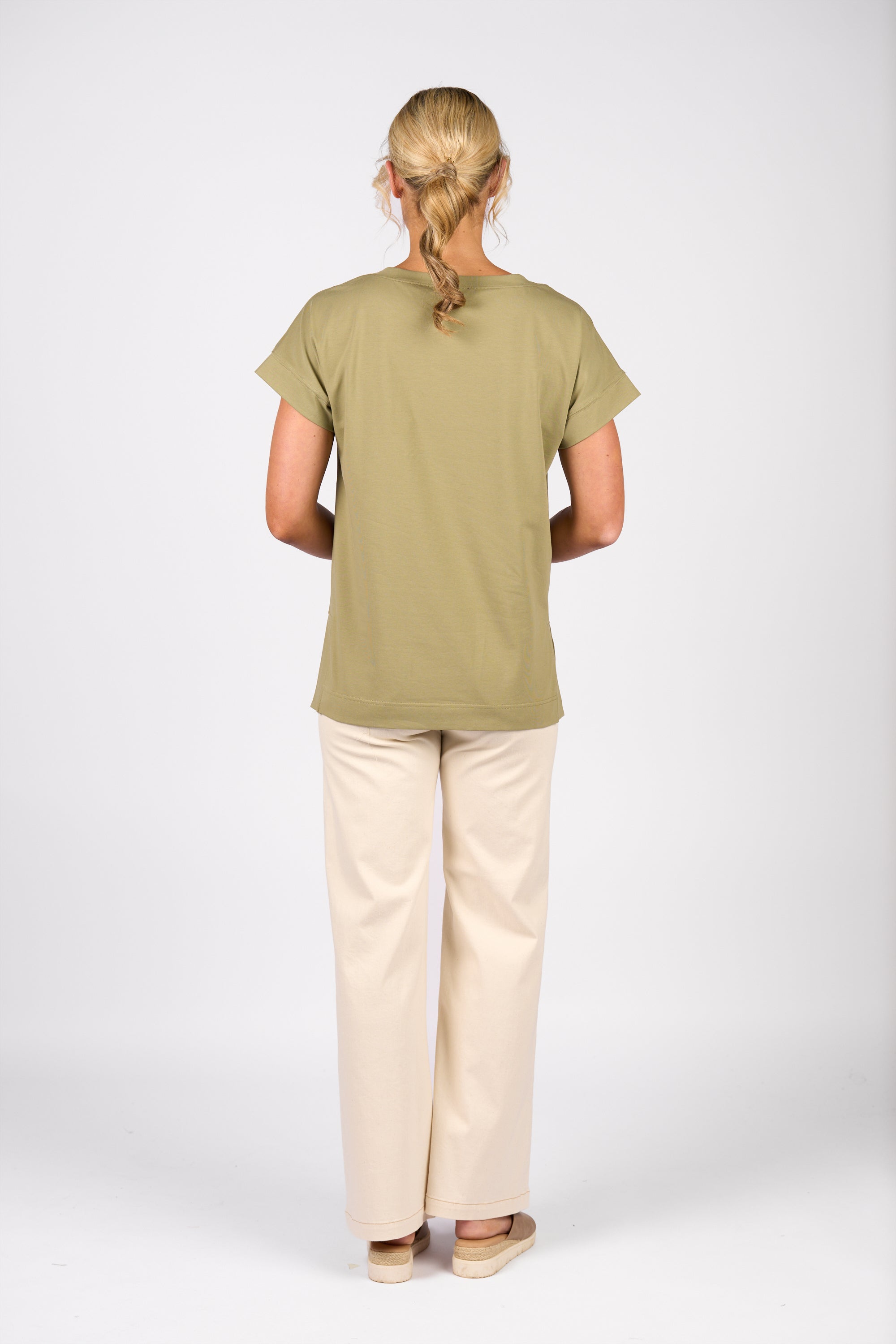 Vassalli Drop Sleeve Top with Stepped Hem - Sage