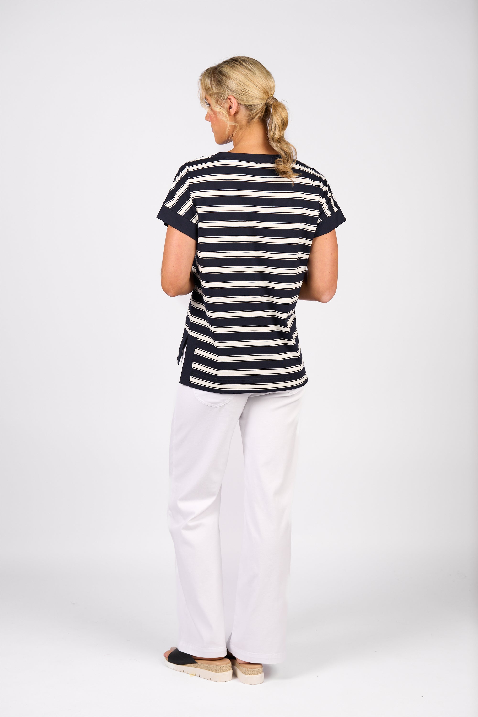 Vassalli Drop Sleeve Top with Stepped Hem - Ink Stripe