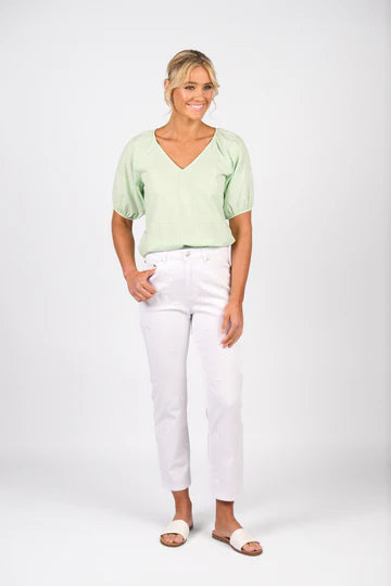 Vassalli Slim Leg Grazer Jean with Star Embroidery - White Denim