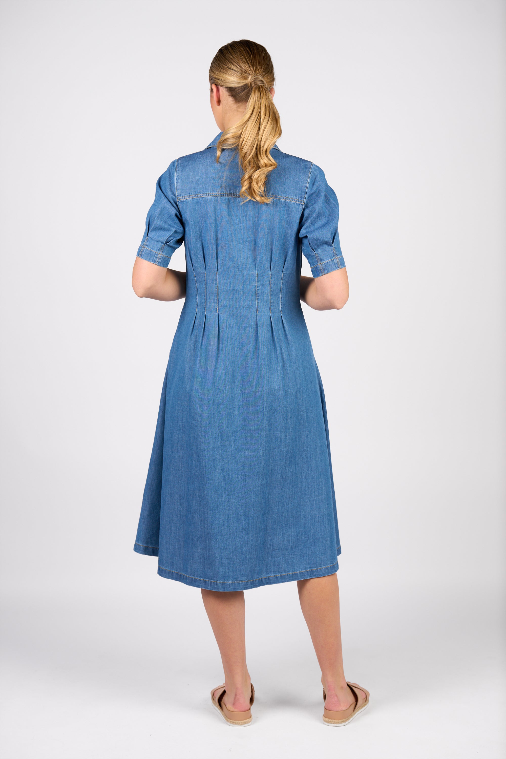 Vassalli Cap Sleeve Button Up Dress - Mid Wash